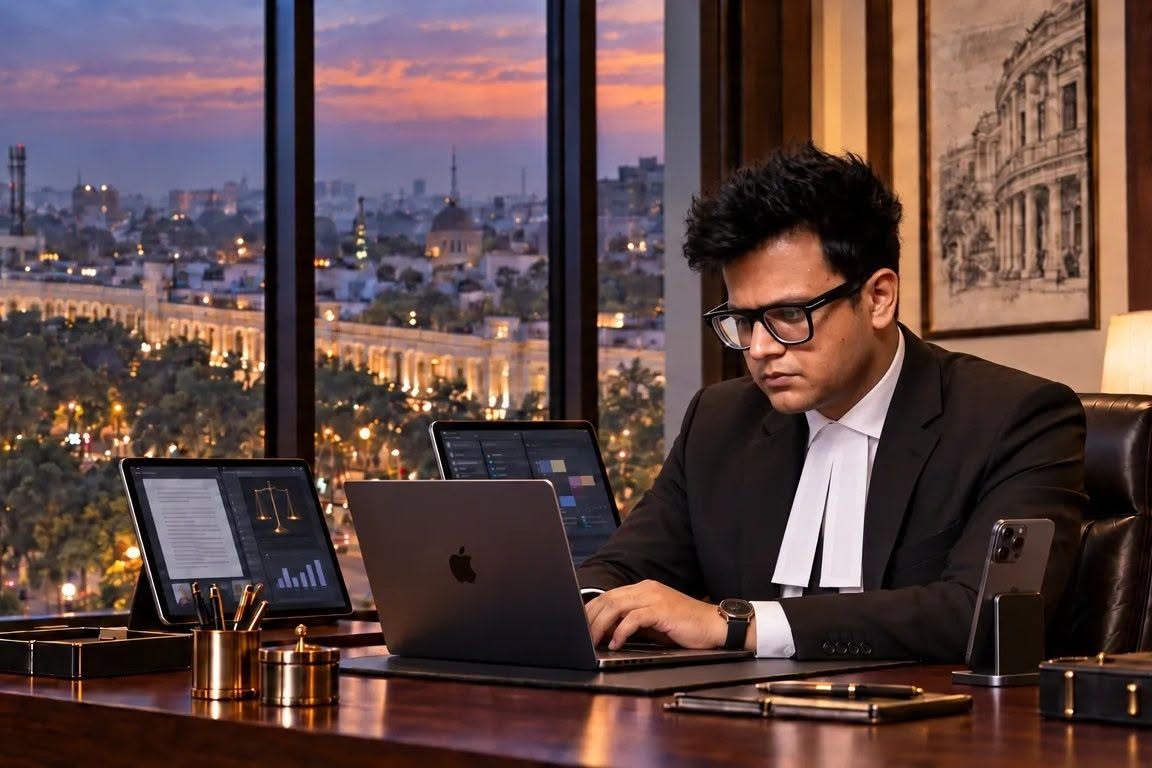 Advocate Kanishka Gaur seated at a desk working on a laptop